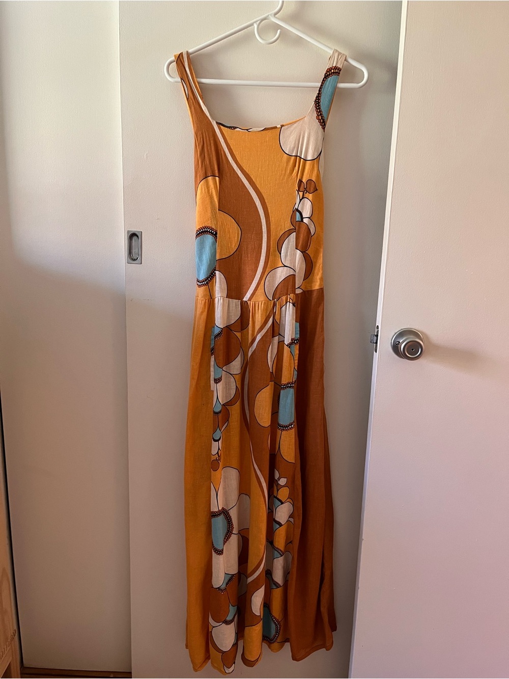 FARM Rio Mustard and Sky-Blue Abstract Print Midi Dress